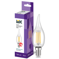 Лампа светодиод.LED 7,0W 230V E14 4000К 360гр филамент прозр свеча на ветру IEK, лампочка