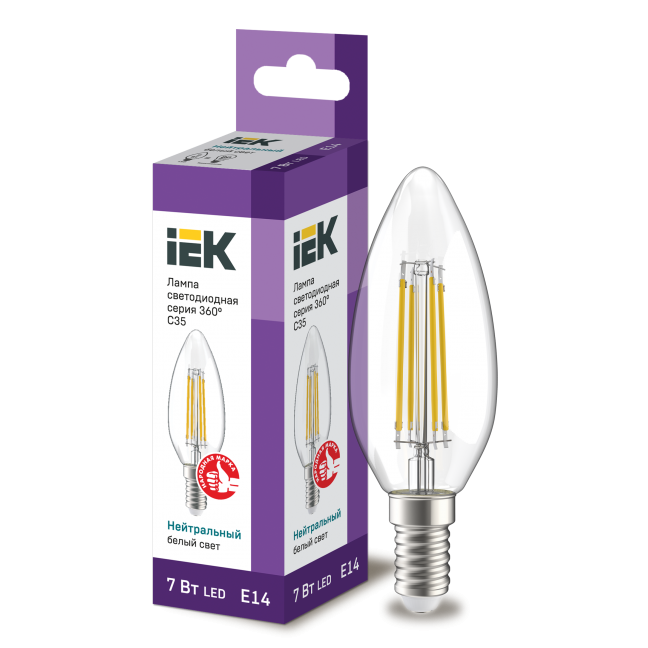 Лампа светодиод.LED 7,0W 230V E14 4000К 360гр филамент прозр свеча IEK, лампочка