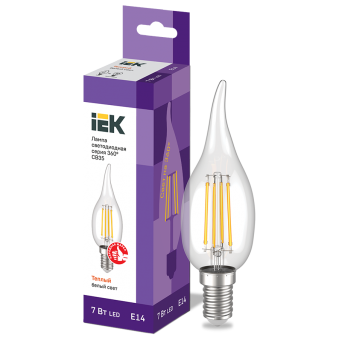 Лампа светодиод.LED 7W 230V E14 3000К 360гр филамент прозр свеча на ветру IEK, лампочка