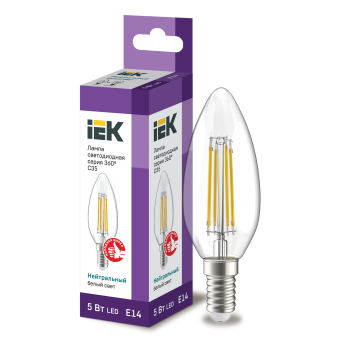 Лампа светодиод. LED 5W 230V E14 4000К 360гр филамент прозр свеча IEK, лампочка
